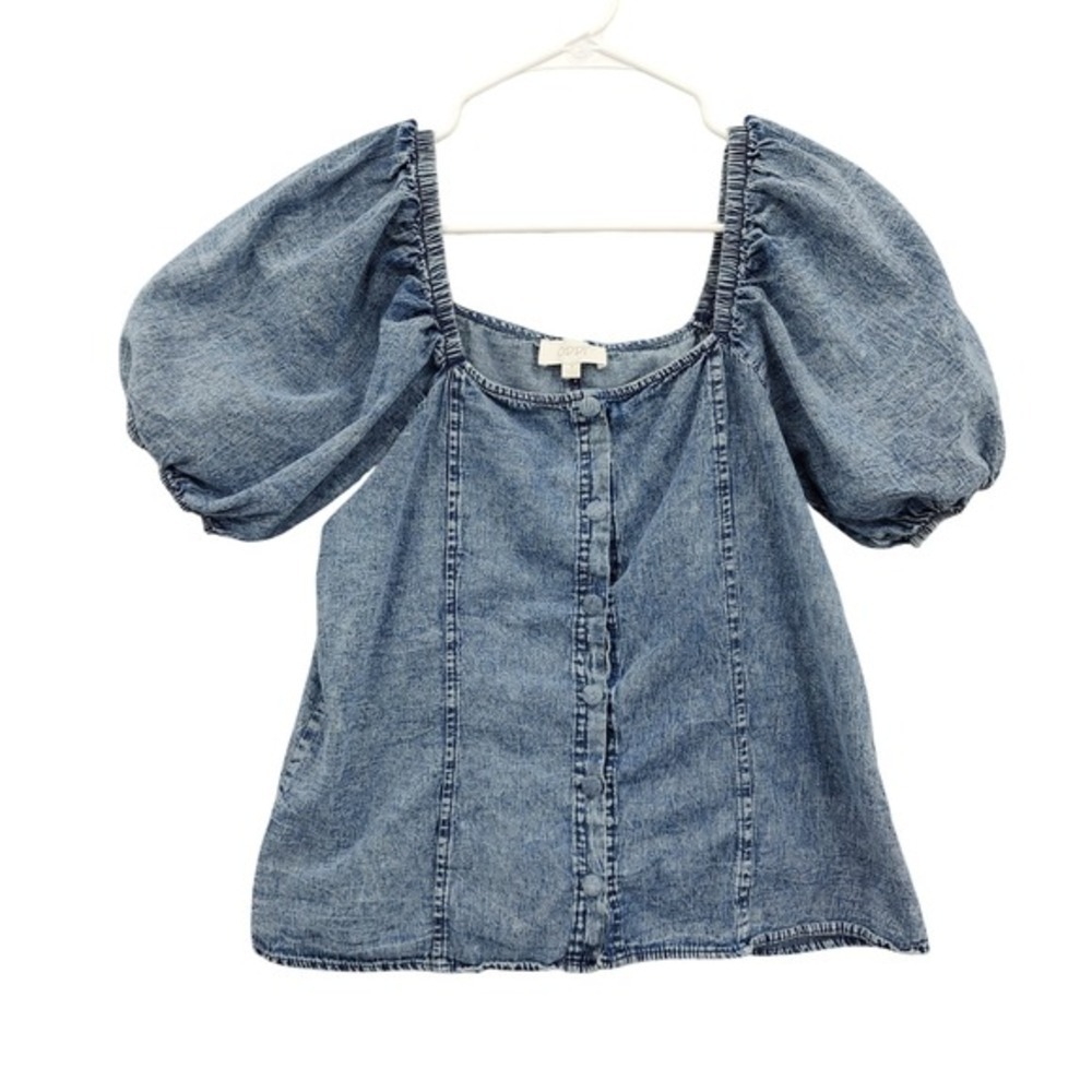 ODDY Womens Cottagecore Western Acid Wash Puff Sleeve Chambray Crop Top M Blue